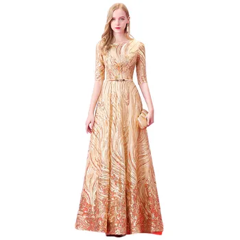 

Party Dress Women Golden Noble Elegant High Waist Maxi Dress 2019 New Autumn Banquet Host Sequin Floral Vestidos Feminina CX1057