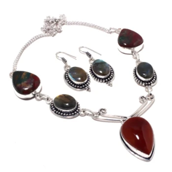 

Bloodstone,Labradorite Necklace + Jewelry Set Silver Overlay over Copper , 51.1 cm, N4386