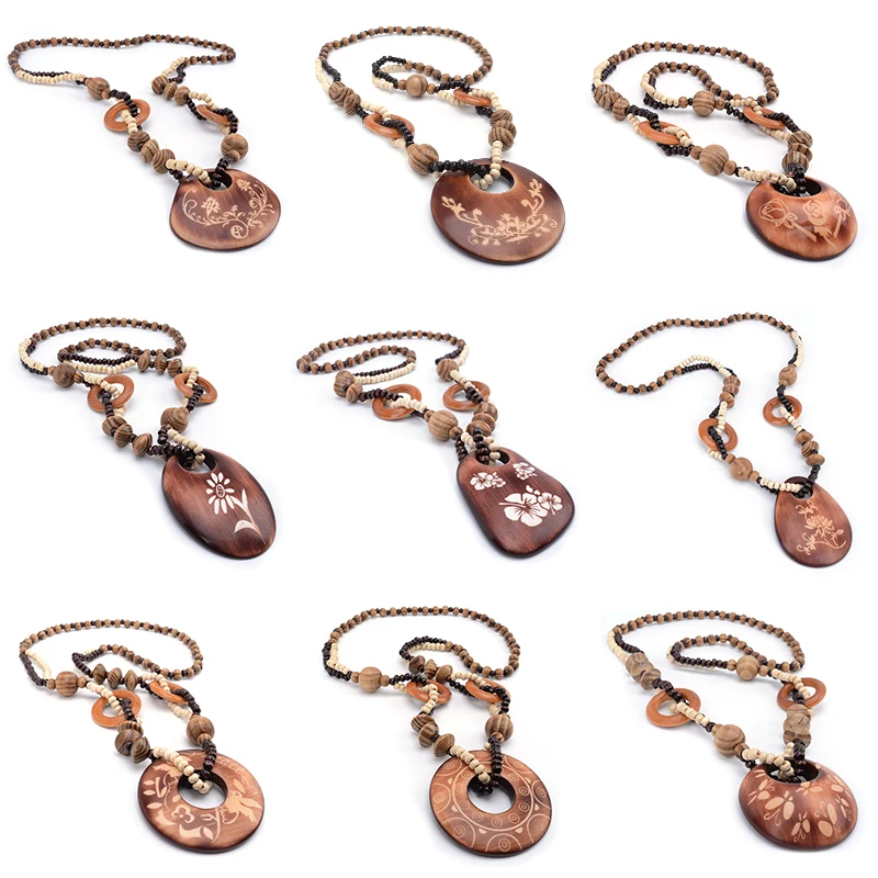 

Women Creative Fashion Bohemian Retro Ethnic Wooden Carvings Long Handmade Beads And Pendant Necklace Jewelry