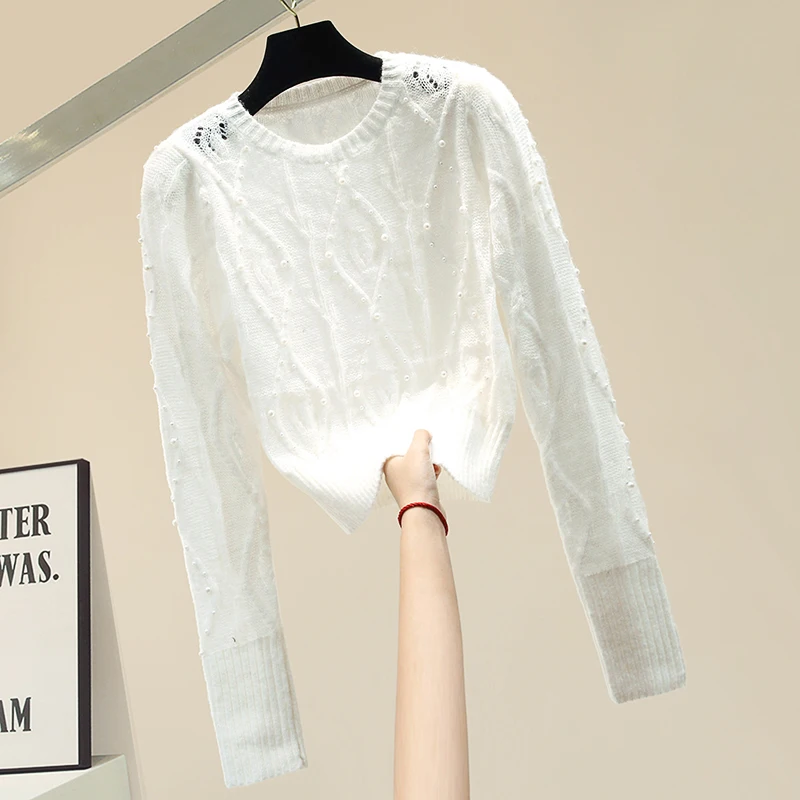 Short Beaded Long Sleeve Pullovers Top Women's