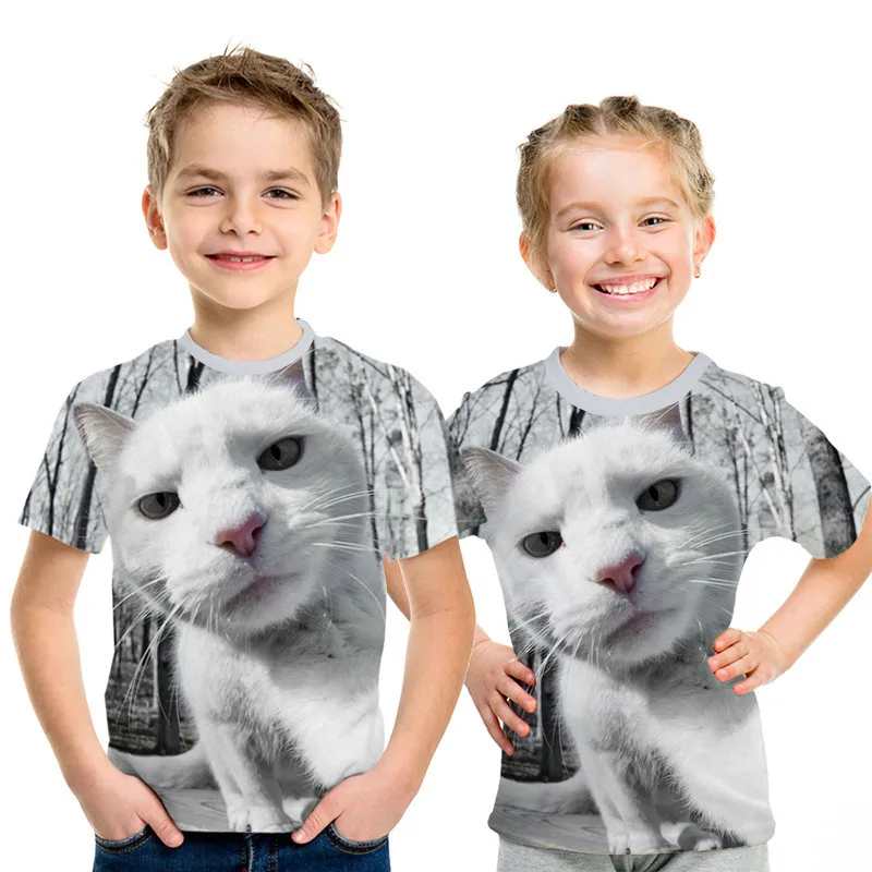 Вечерние топы для маленьких девочек с рисунком кота, летние футболки с короткими рукавами для мальчиков и девочек, Повседневная футболка, одежда для малышей 3, 4, 5, 6, 7, 8 лет