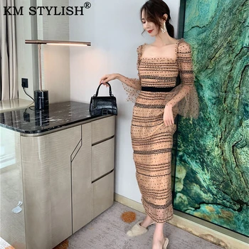 

Women's Clothes Vintage Midi Dress 2020 Spring SP Mesh Polka Dot Pleated Square Collar Long Flare Sleeve French Retro Slim Dress