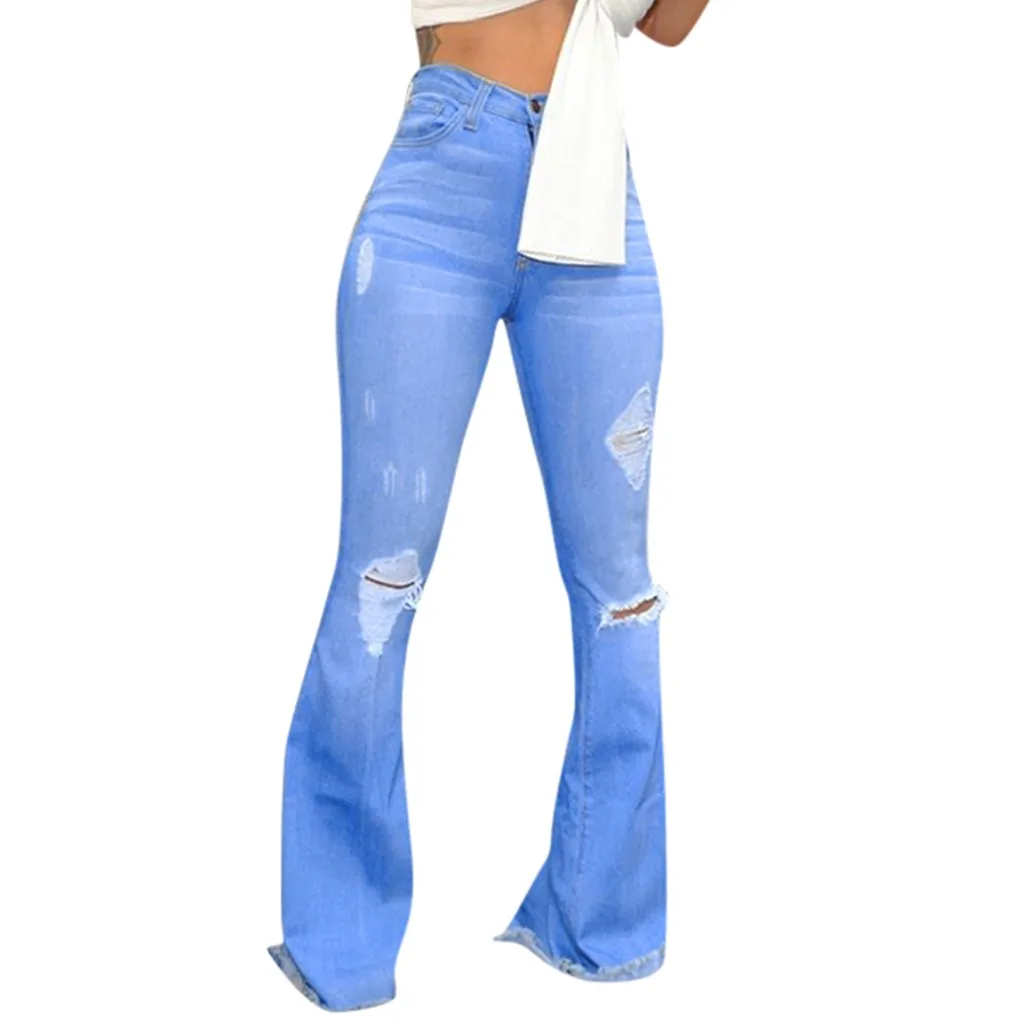 

Women High Waist Pants Hole Jeans Button Tassel Pants Trousers Bell-bottom Pants Women's Fashion