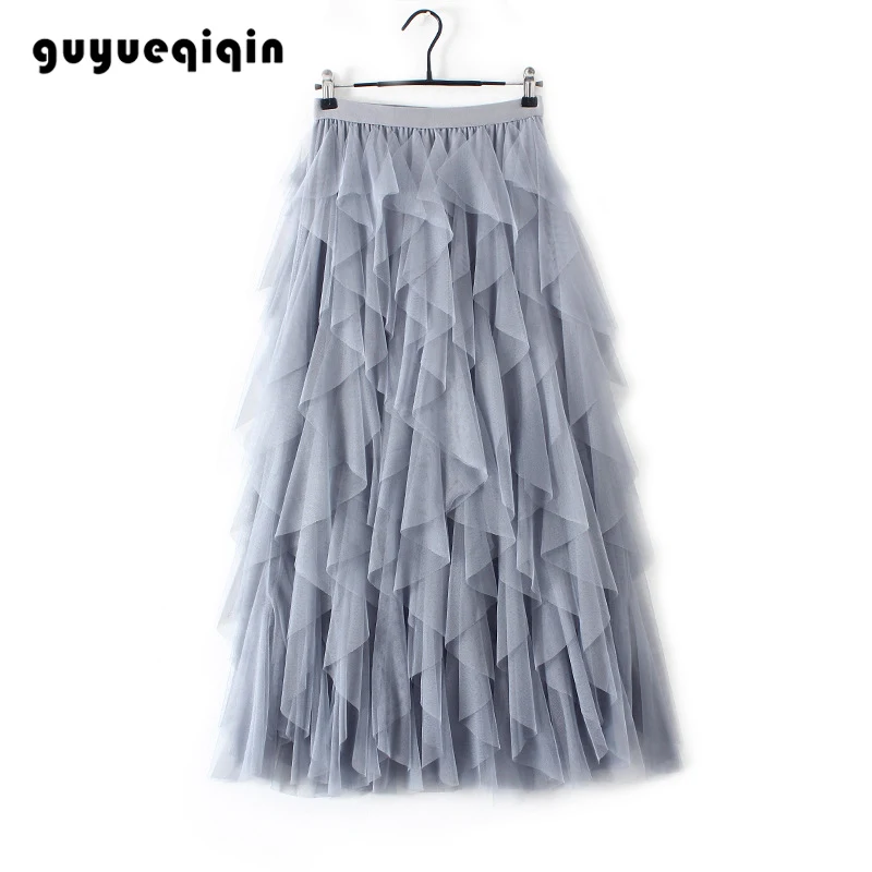 guyueqiqin, женские юбки, чистый цвет, кружевная юбка, Повседневная Длинная юбка, фатиновая юбка, юбка с высокой талией