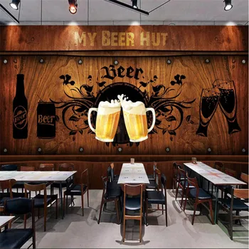 

European and American Style Retro Wood Board Background Beer Mural Wallpaper Restaurant Bar KTV Industrial Decor Wall Paper 3D