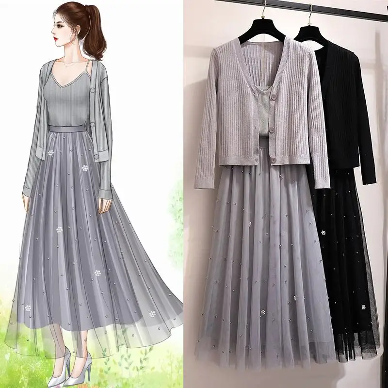 2020 Spring Summer Women Three Piece Sets Casual Knit Cardigan And Tank Tops + Elastic Waist Beaded Mesh Skirt Suit R172 |