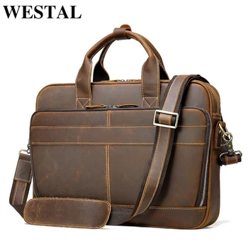 

WESTAL bag men's genuine leather men's briefcase leather laptop bag men's vintage handbag 15 inch laptop office bag for men 8368