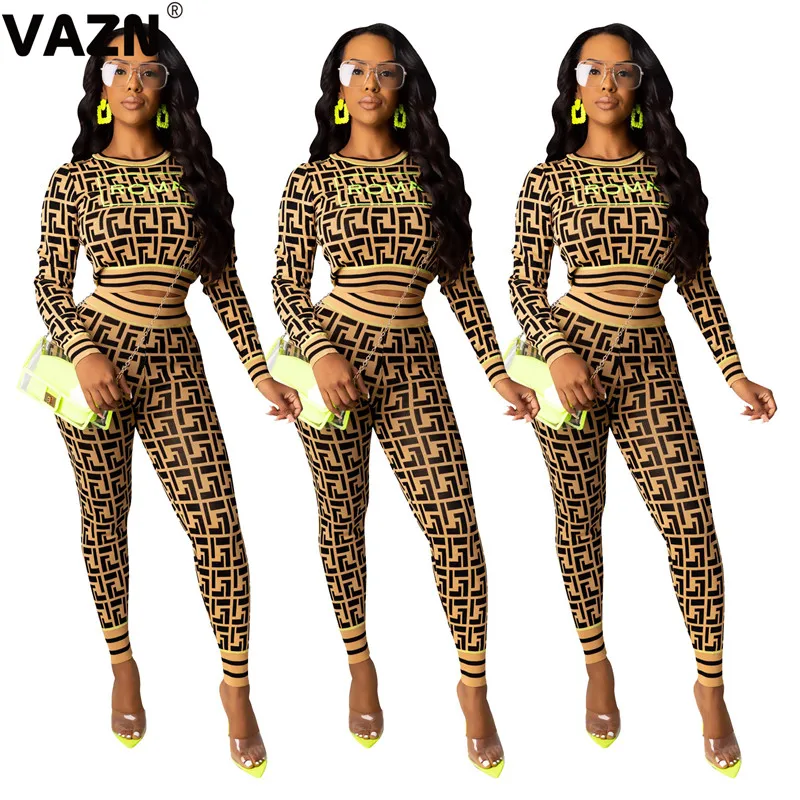 VAZN SD9184 Новая мода геометрические Pecil брюки сексуальный женский комплект из 2 частей пляжный длинный рукав с открытыми плечами длинные брюки облегающий комплект
