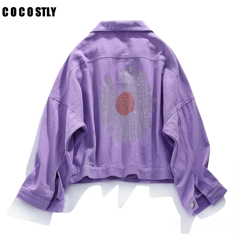 2020 otoño moda rosa púrpura Floral vaqueros con remaches chaquetas mujeres coreanas BF Casual suelta Denim abrigos Tops mujer vaquero prendas de vestir|chaquetas básicas| - AliExpress