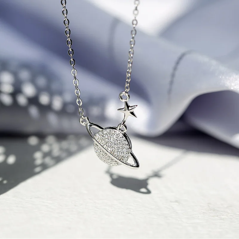 Корейская мода s925 серебряные ювелирные изделия космические звезды Планеты ожерелье цепь для женщин колье из горного хрусталя кулон звезда Женское Ожерелье