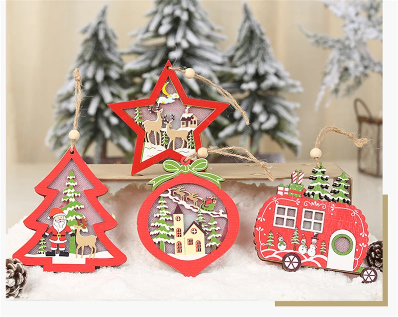 Рождественские украшения, выдолбленные Деревянные Подвески, креативный светильник на колесиках, украшения для рождественской елки AF248