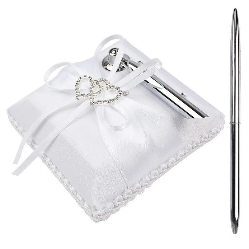 Wedding Guest Attendance Book Pen Holder Sets with Double Heart Bow Diamond Decoration Signature Book Wedding Supplies