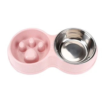 

Dogs Cats Double Pet Bowl Non Slip Food Portable Tableware Easy Clean Slow Feeder Stainless Steel Puppy Leakproof Anti Choking
