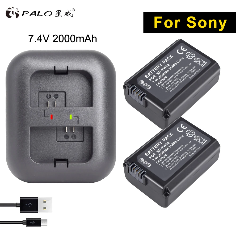 PALO 2 шт. 2000 мАч NP-FW50 FW50 батарея для цифровой камеры AKKU+ USB двойное зарядное устройство для sony a6500/6300 A7SM2 RX10 II NEX-3/3N/5C/5 T/CD