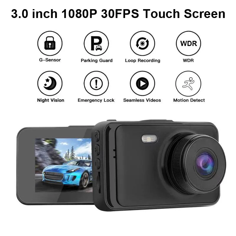 Видеорегистратор для автомобиля 3,0 дюймов ips Full HD 1296P с сенсорным экраном, видеорегистратор для автомобиля