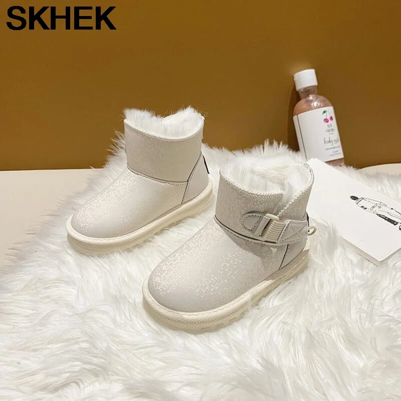 

SKHEK Children shoes kid snow boots waterproof anti-skid sole natural wool winter warm new style short boots girls boys shoes
