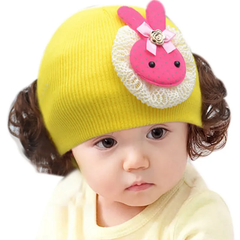 Милая детская шапка для младенцев, теплая вязаная шляпа, кепки для девочек, вязаная шляпа с бантом из мультфильма для девочек, поддельные волосы для париков шапок, детские головные уборы - Цвет: CY
