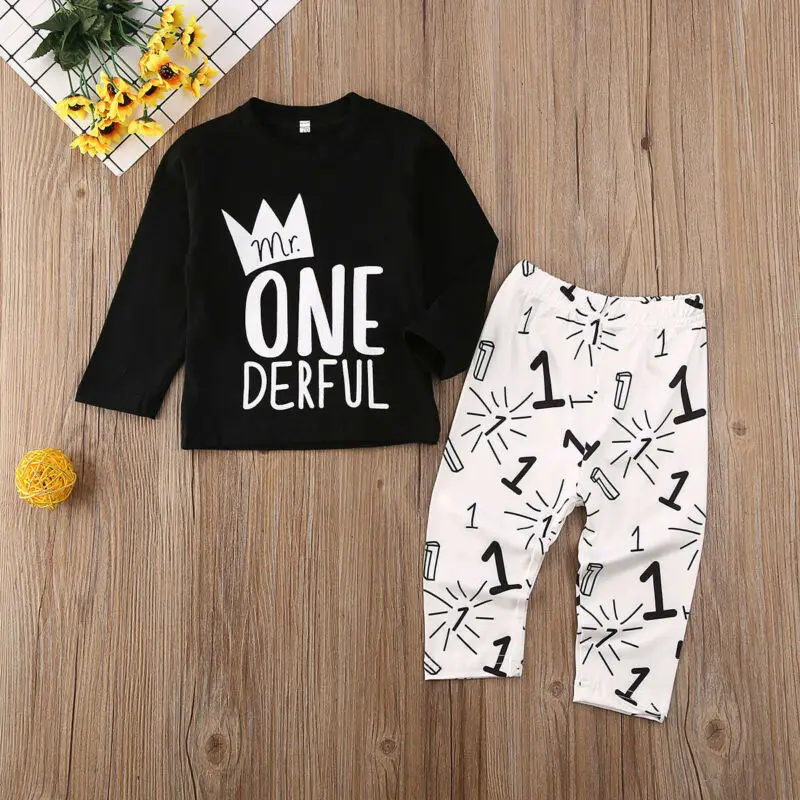Комплект одежды из 2 предметов для маленьких мальчиков Топ с буквенным принтом на день рождения, футболка с длинными рукавами+ штаны хлопковая одежда на возраст от 0 до 24 месяцев