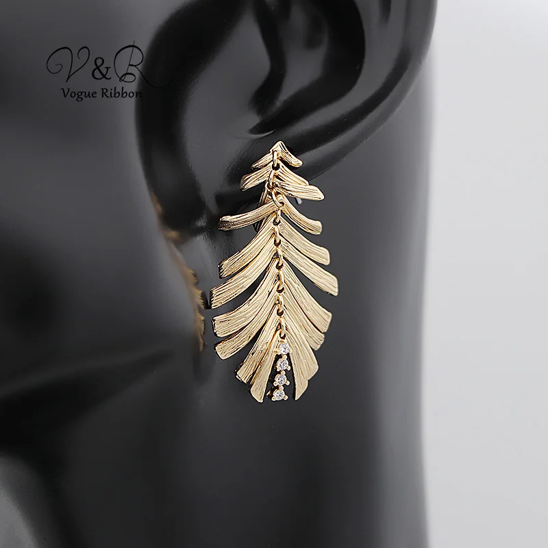 Imitation gold plated drop earring, soft and movable leaves shape with CZ stones, high quality fashion jewelry (2)