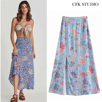 

ZA Women Holiday Midiskirt with High Waist Floral Print Chiffon Loose Skirt Femme Summer Beach Style Chiffon Sexy Blue Midiskirt