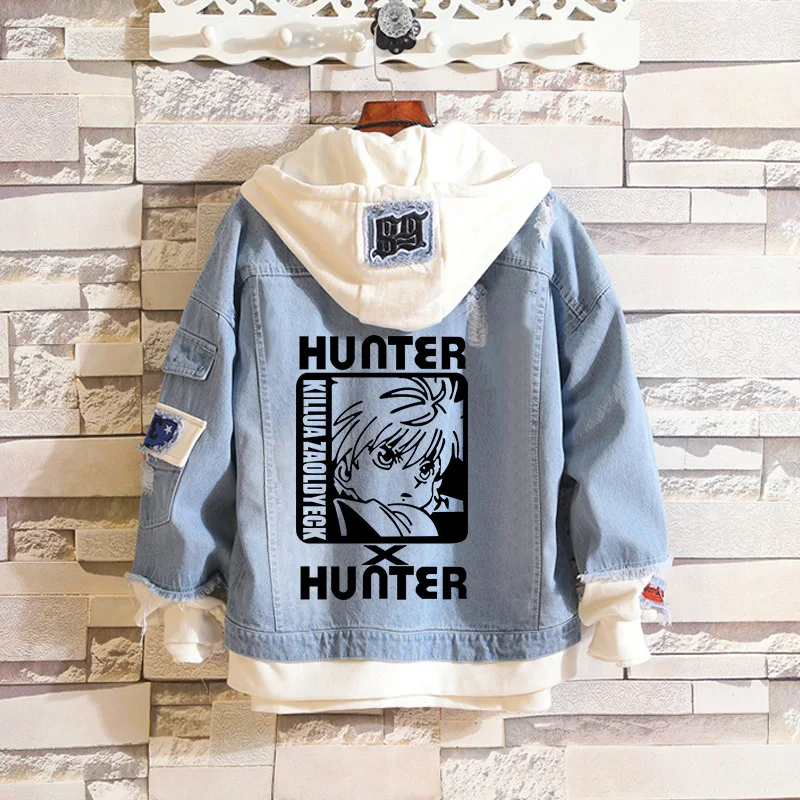 

Japanese Anime Print Men Denim Jacket Hunter X Hunter HipHop Hooded Jacket Couple Wear 2023 New Spring Killua Zoldyck Women Coat