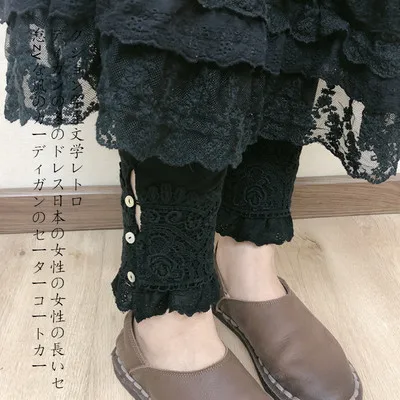 Mori girl/новые зимние хлопковые одноцветные штаны в стиле ретро с вязаным кружевом 2120 - Цвет: Черный