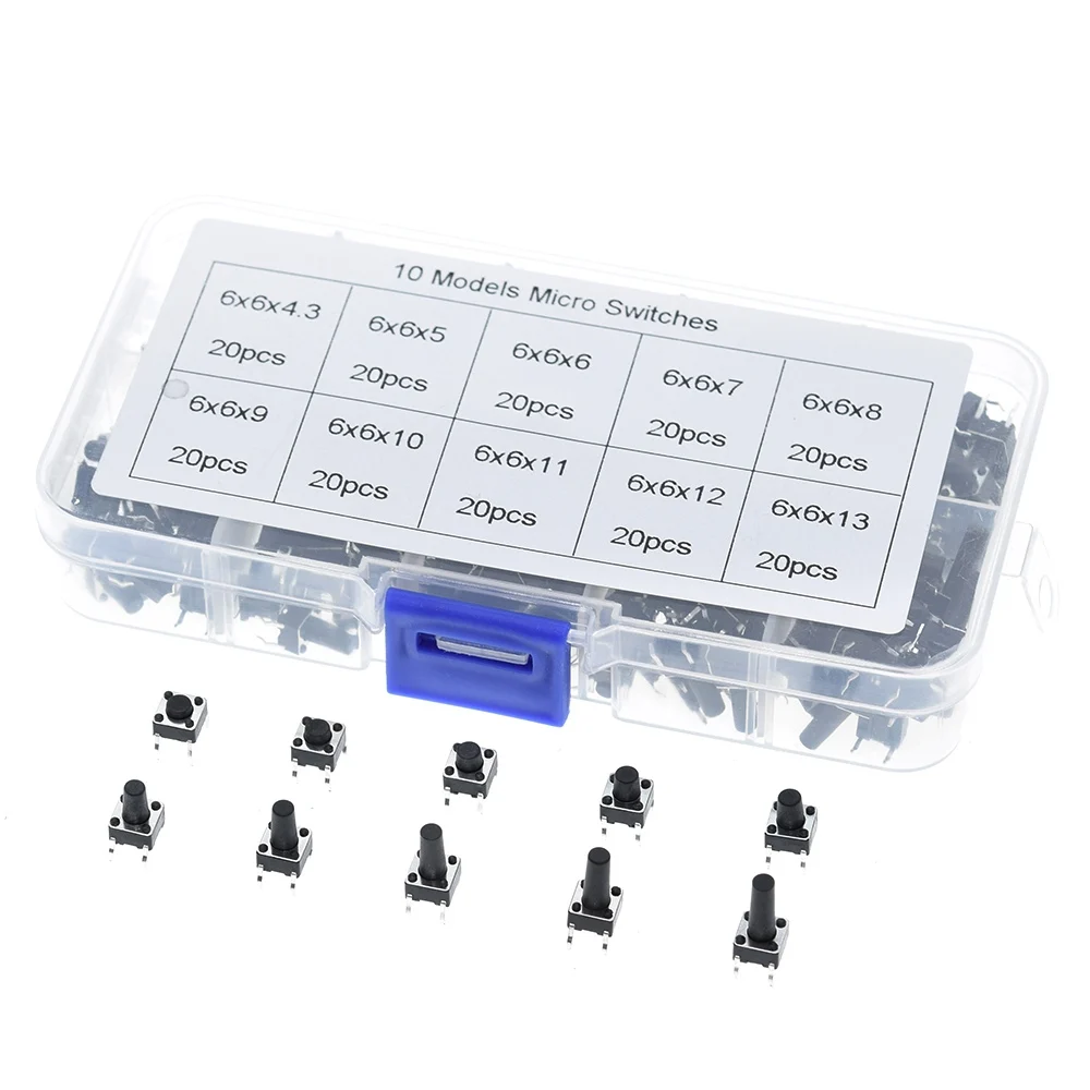 10 models 200pcs 6*6 Tact Switch Tactile Push Button Switch Kit, Height: 4.3MM~13MM DIP 4P micro switch 6x6 Key switch