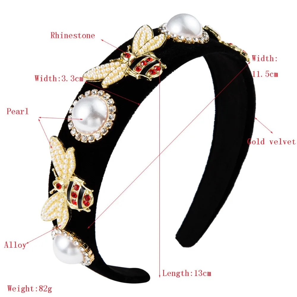 Europe Style Retro Pearl Hairband Bee Headband For Women Girl Velvet Black Hairbands Crystal Hair Bezel Bride Hair Accessories