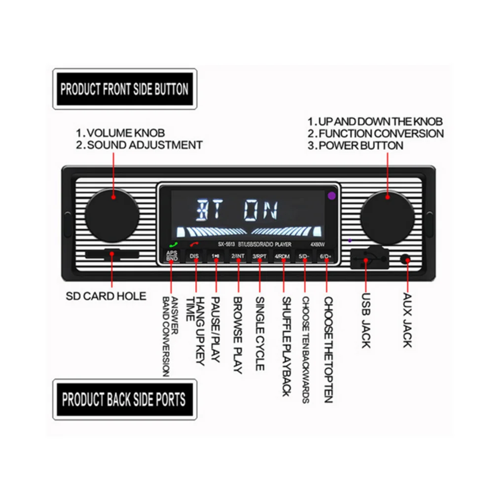 Car MP3 Player Stereo FM Retro Radio 12V Bluetooth Stereo MP3 USB AUX Power Cable Vehicles Radios Accessories