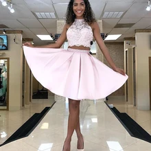 New Pink Lace Homecoming Dresses Beading Waist Short Mini Halter Girls Graduation Dress