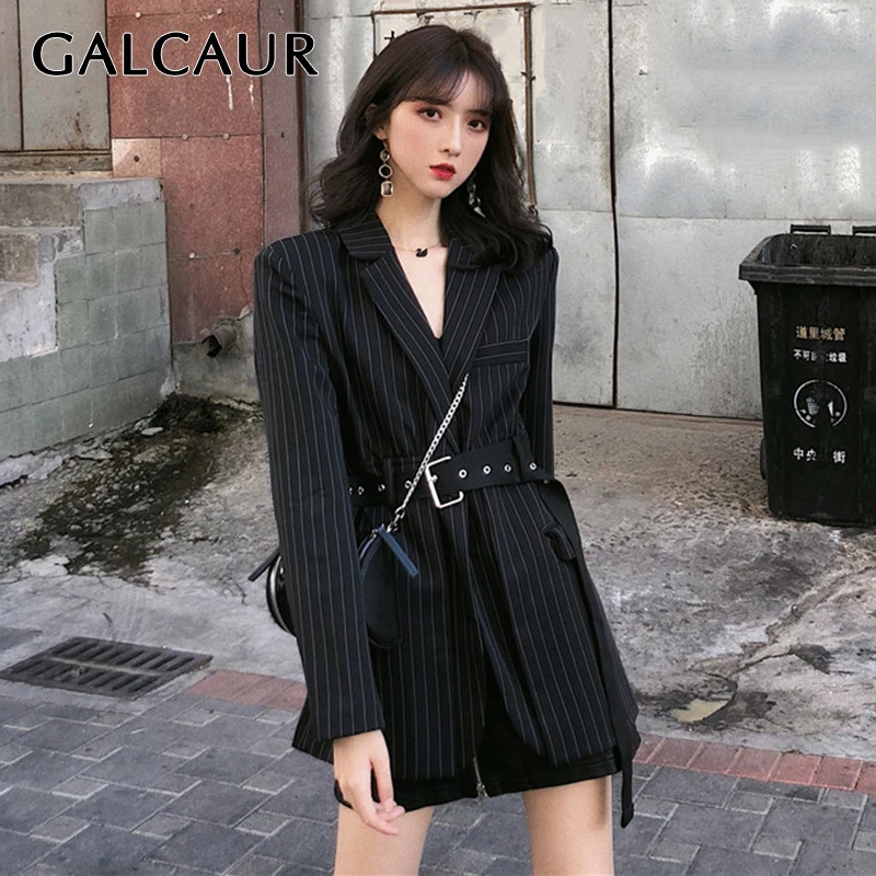 GALCAUR, корейский Полосатый блейзер для женщин, зубчатый, длинный рукав, высокая талия, с поясом, большие размеры, пальто, топы для женщин,, осенняя мода