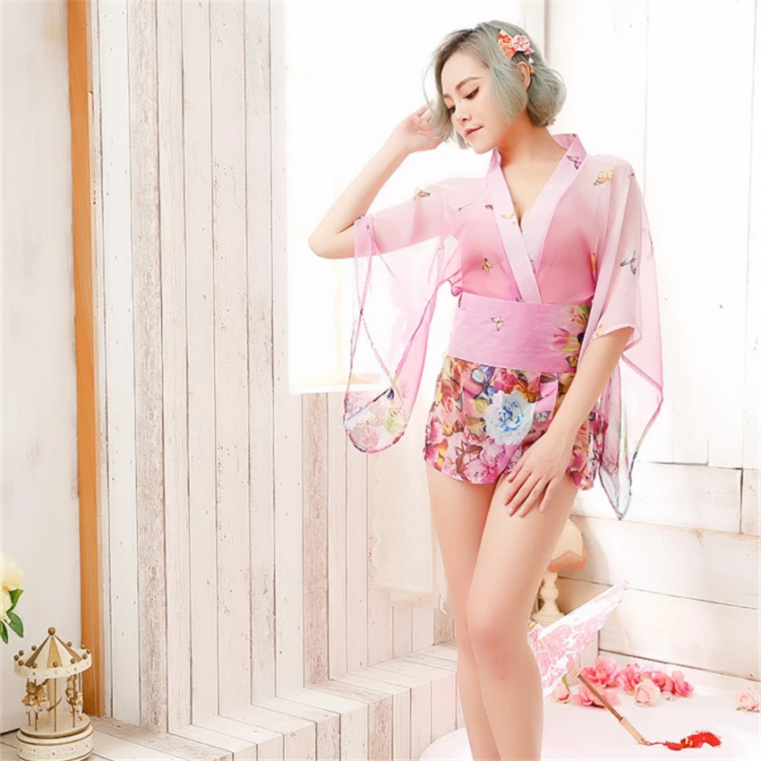 Loose Japanese Fashion Women Dress Pajamas Kimono Sleepwear Floral Lace Silk Nightdress Adult Yukata Pajamas Clothing
