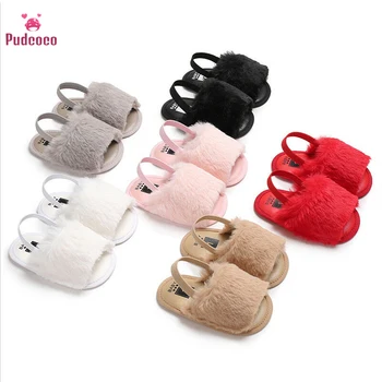 

Pudcoco Baby Girl Sandals Summer Shoes Newborn Toddler Fur Solid Non-slip Flat With Heel Soft Sole Shoes Outfit