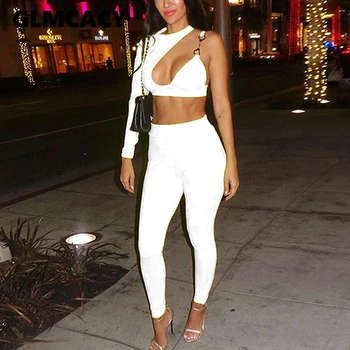 

Women Two Piece Matching Sets Short One Shoulder Top & High Waist Bodycon Pants Sets Sexy & Club Suit