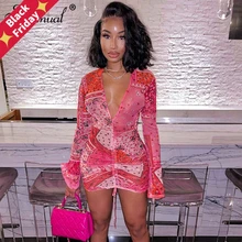 Simenual cuello profundo en V estampado de Cachemira vestidos de fiesta Red con cordones de manga larga transparente Club traje para mujeres Mini vestido