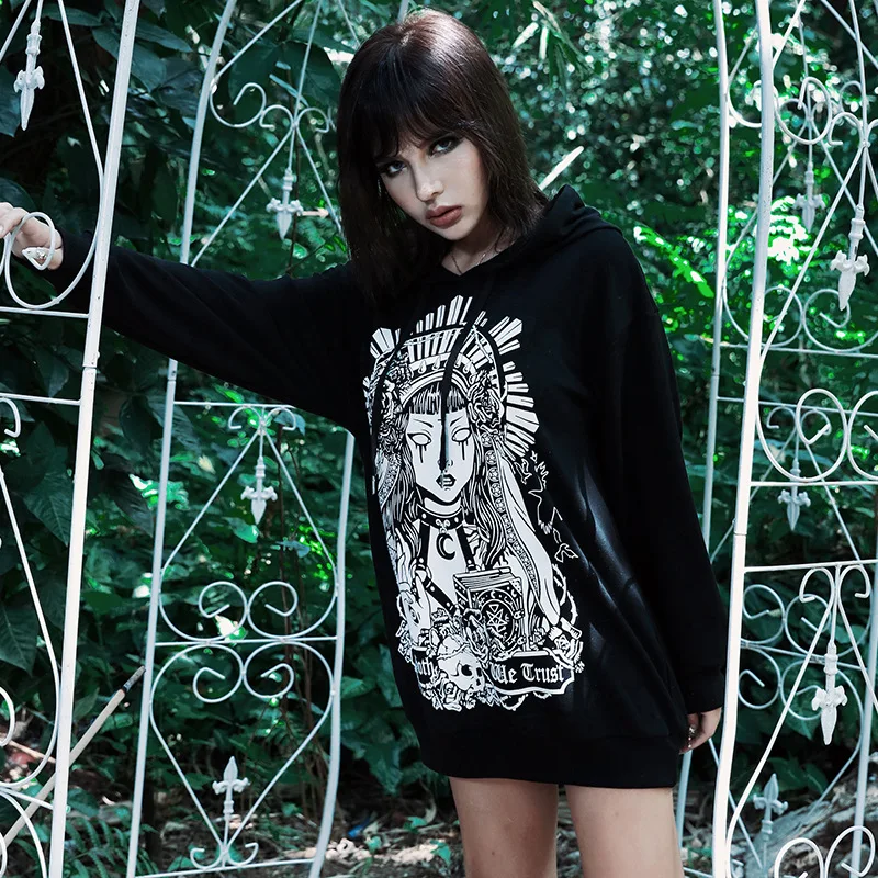 Dark Girl Bf Loose Hooded Gothic Witch Print Pullovers Sweatshirts Women Harajuku Streetwear Long Sleeve Loose Hooded Sweatshirt