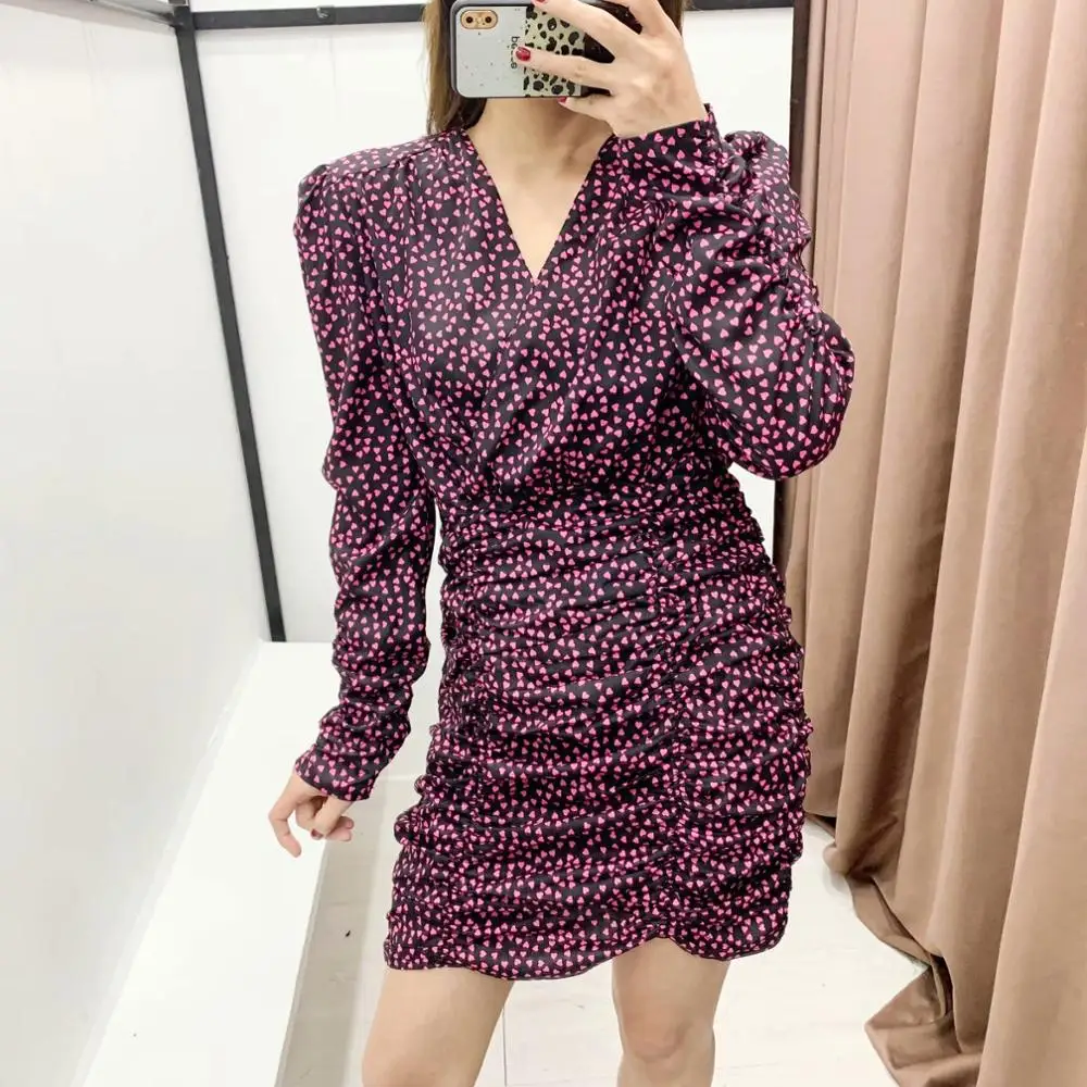 Skup Nowy 2020 kobiety elegancki v neck nadruk w serca plisowana mini sukienka kobiet bufiaste rękawy vestidos swobodny szyk slim sukienek DS3203