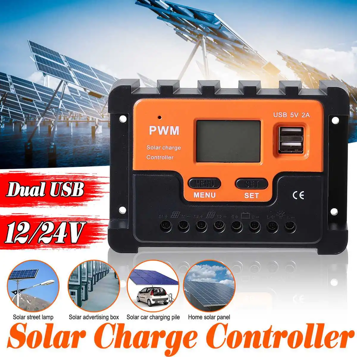 PWM IP32 Solar Charger Controller 10A 20A 30A 12/24VDC Auto Battery Charger LCD Dual USB Solar Panel Regulator