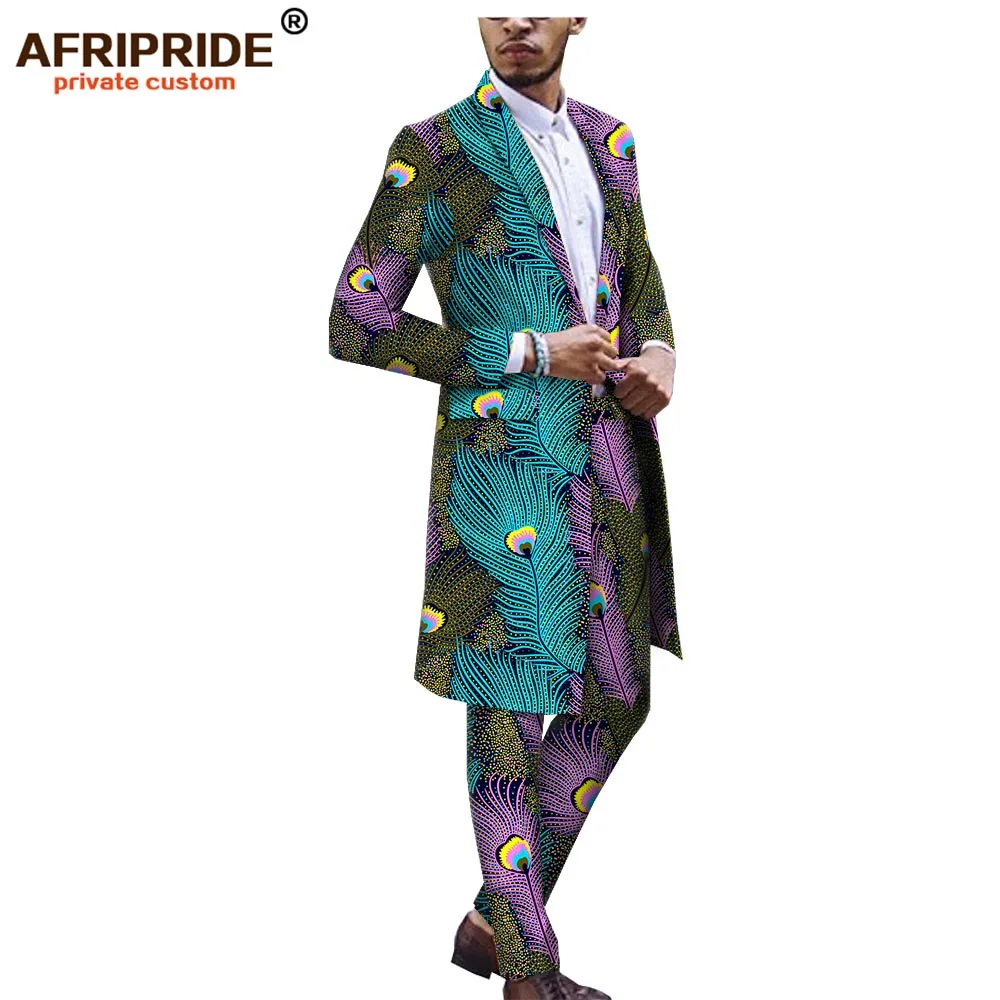 Африканский Анкара Дашики костюм для мужчин AFRIPRIDE Портной сделал Базен richi одна пуговица длинная куртка+ длинные брюки A1816012 - Цвет: 544J