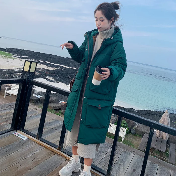 

2019 Korean-style down Jacket Cotton-padded Clothes Women's Simple New Style Loose-Fit down Coat Hooded Thick over-the-Knee BF S