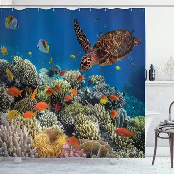 

Ocean Decor Collection, Colorful Fishes and Old Turtle Coral Reefs Dahab Red Egyptian Sea Picture, Polyester Fabric Bathroom