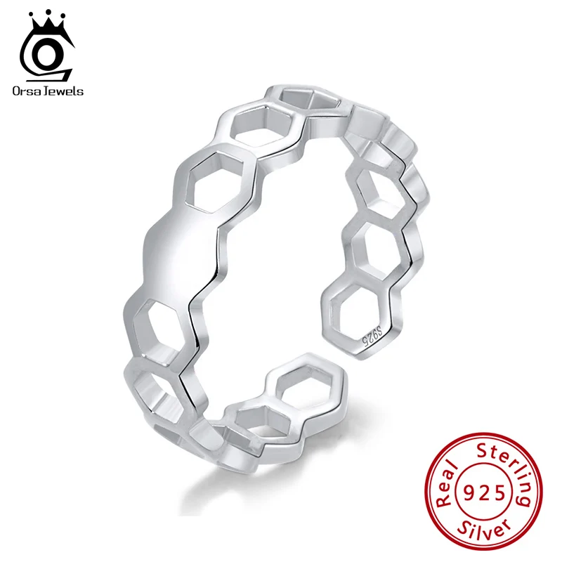 

ORSA JEWELS Pure 925 Silver Adjustable Rings For Women Simple Lightweight Stacking Geometric Hollow Finger Rings Jewelry SR142