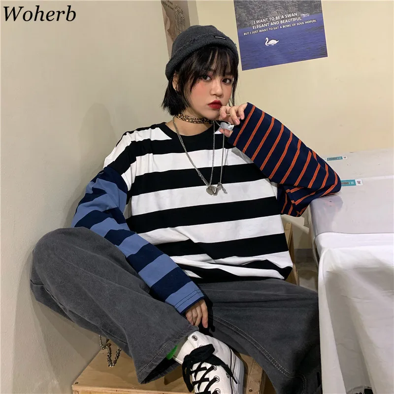 Woherb негабаритный хлопок футболка с длинным рукавом полосатый принт контрастная Футболка для женщин и мужчин осень уличная Harajuku футболки