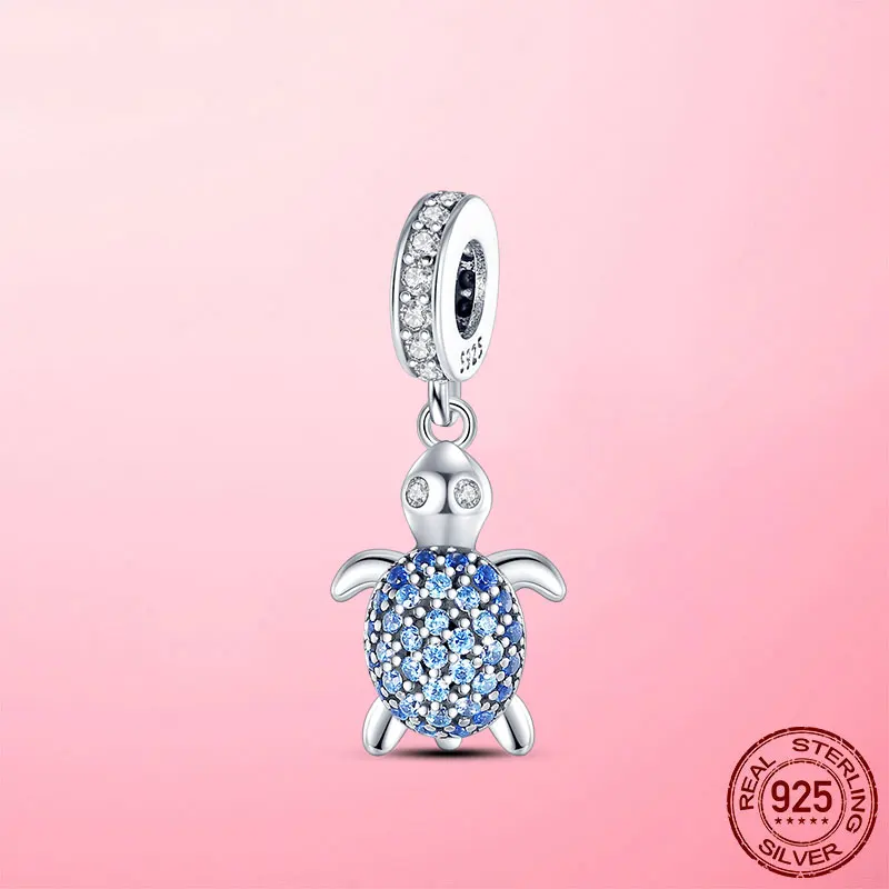 Summer New Sterling Silver 925 Blue CZ Sea Turtle Tortoise Charm Pendant fit Charms Beads Brand Bracelet Original DIY Jewelry | Украшения и