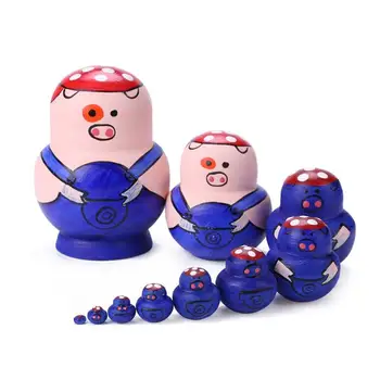 

10pcs Matryoshka Russian Doll Basswood creative cute animal pig Doll Russian Traditional Ethnic Style Unisex DIY Doll decor gift