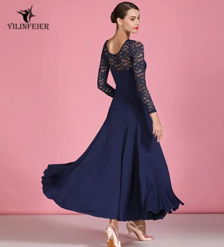 ballroom dance dress girl adult junior standard ballroom dance dress for ladies lace long sleeve lace navy blue s9064