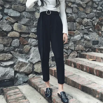 

Korean Style Black High Waist Ring Decoration Pants Loose Casual Straight Ankle-length Pants Harem Pants For Women
