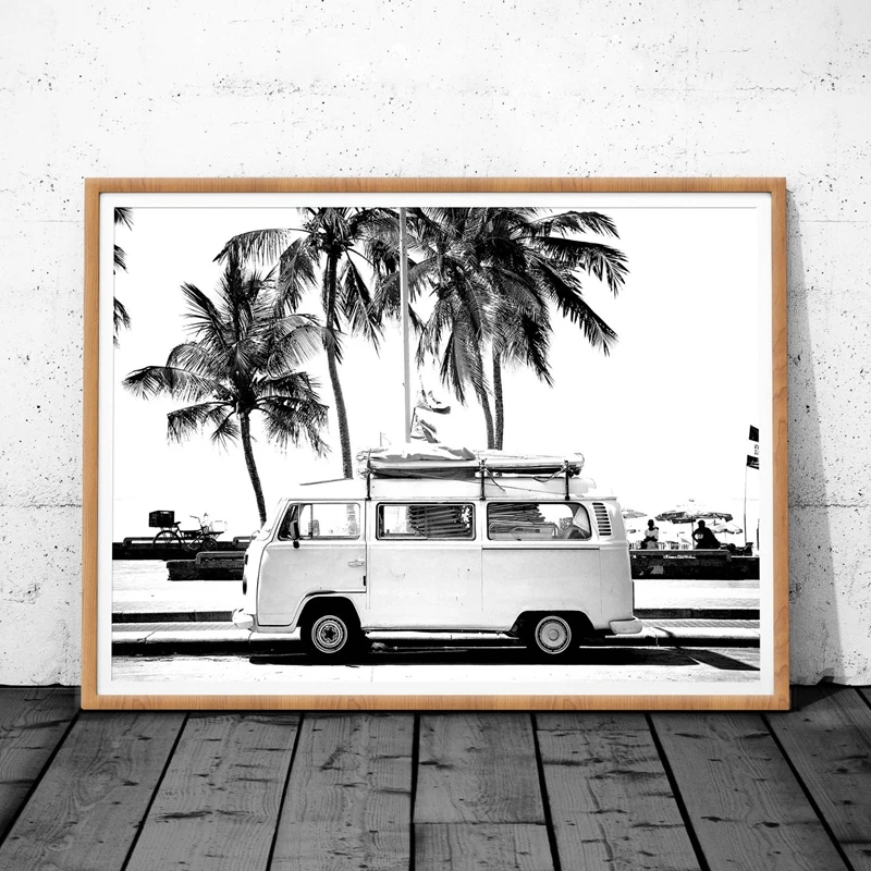 Camper-Van-Beach-Surf-Print-Palm-Tree-Art-Canvas-Painting-Black-and-White-Photography-Ocean-Poster