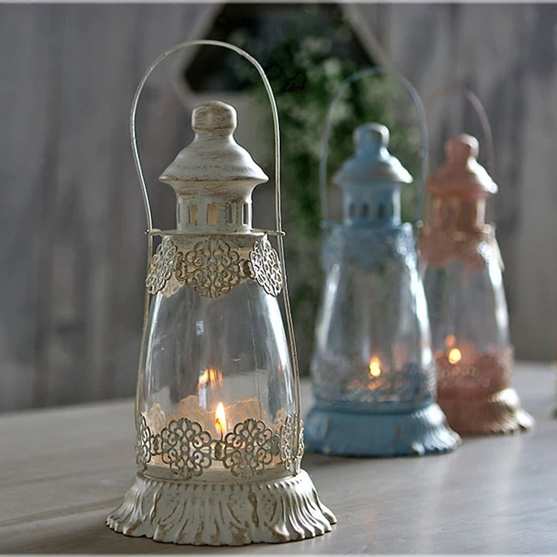 American Carved Iron Art Candlestick Vintage Glass Lanterns Wedding Decorations Nordic Romantic Creative Valentine's Day Gift X6