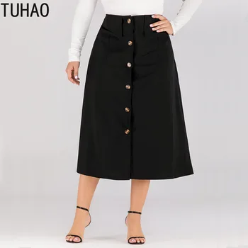 

TUHAO 2020 Spring Summer Large Size 4XL 3XL Mid-length Skirt Single-breasted High Waist Skirts Office Lady Mom Black Skirts WM79